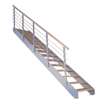 Schodiště Kos s 10 bukovými stupni, šedým kovovým zábradlím a certifikací FSC®.