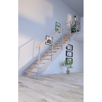 Schodiště Kos s 10 bukovými stupni, olejované, a šedým kovovým zábradlím. Interiérové schodiště s moderním designem.