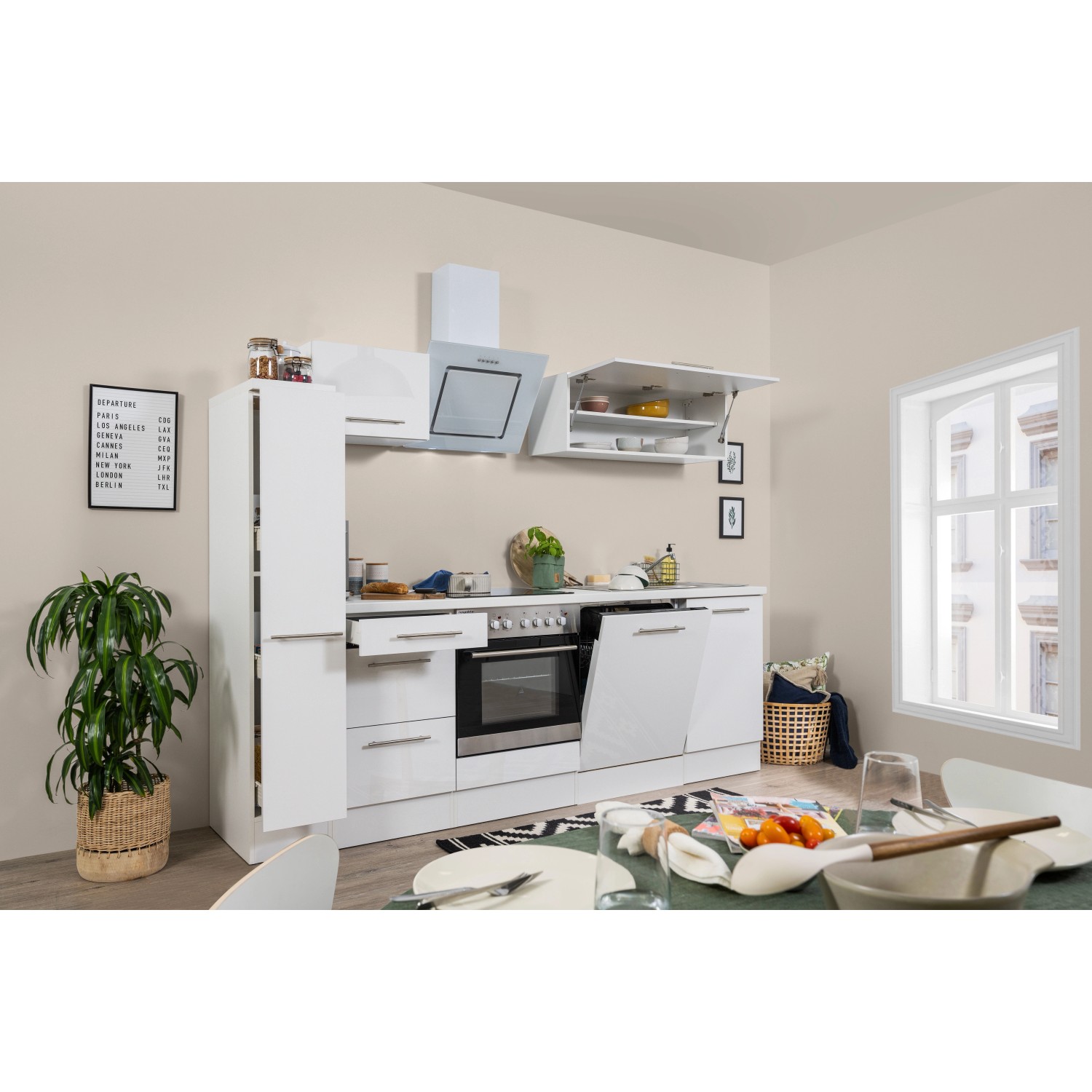 Respekta Kuchyně Amanda bílá/bílá 250 cm - trouba+sklok.d./šikmá digestoř/myčka