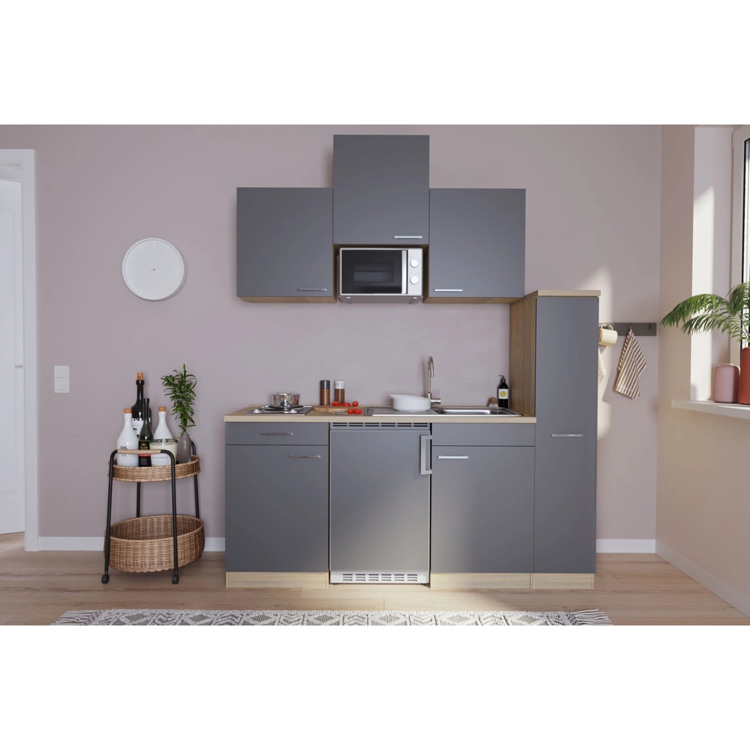 Respekta Kuchyně Luis šedá/dub 180 cm-nerez.var.deska, lednice, mikrovlnka