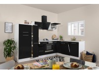 Respekta Kuchyně Amanda L černá/bílá 290 cm-trouba+skl.d./digestoř/myčka/lednice