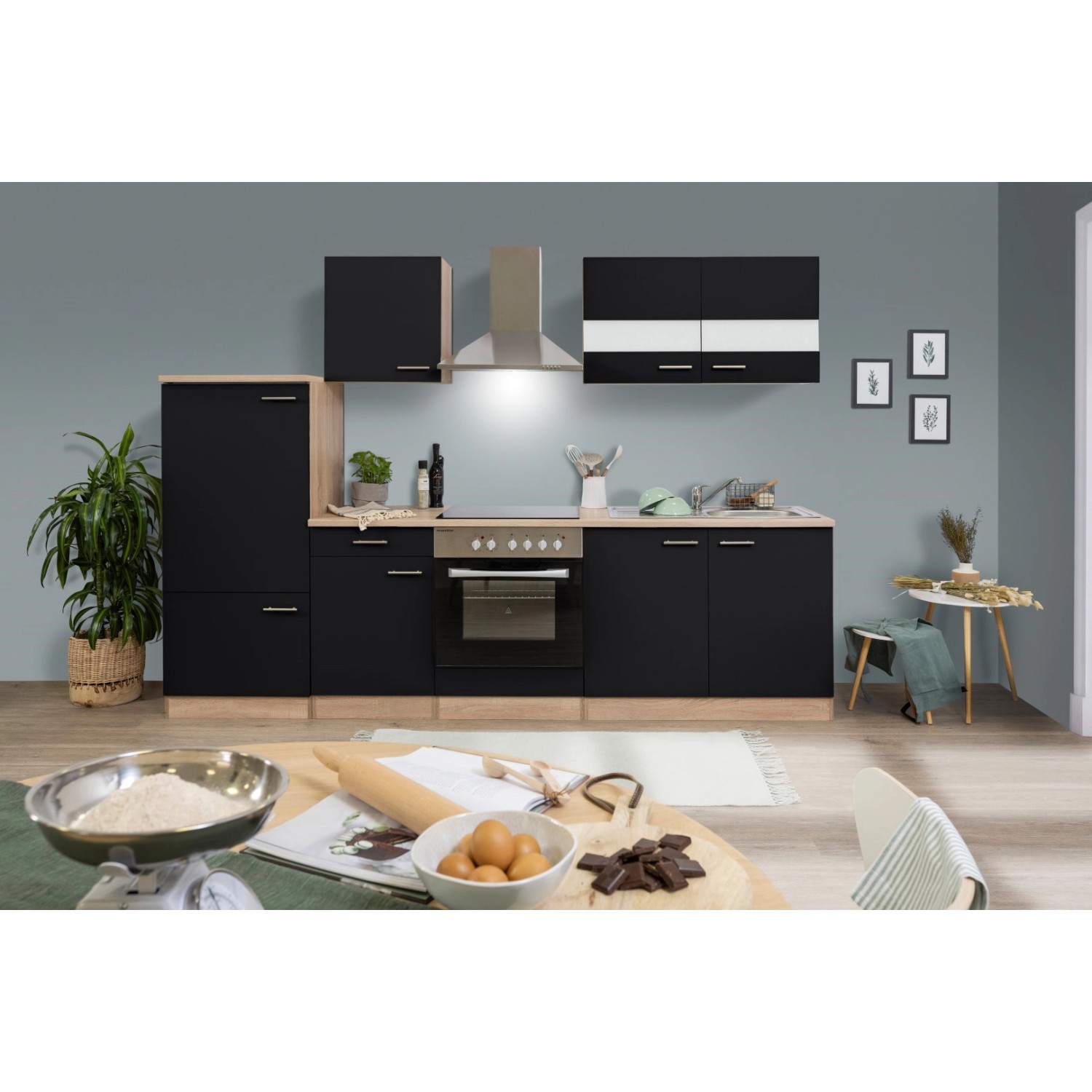 Respekta Kuchyně Merle černá/dub 270 cm-skl.deska(2)/šikmá digestoř(2)/lednice