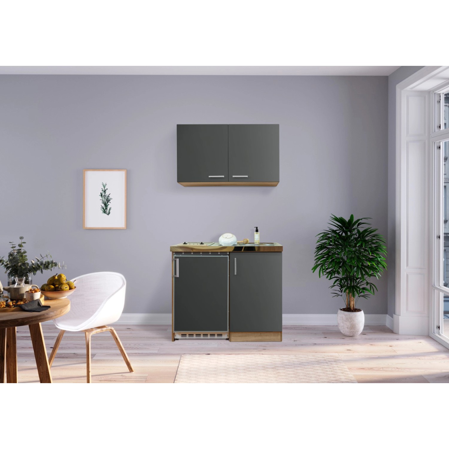 Respekta Kuchyně Levin šedá/dub 100 cm-skl.var.deska/lednice UKS110/sp+h sk