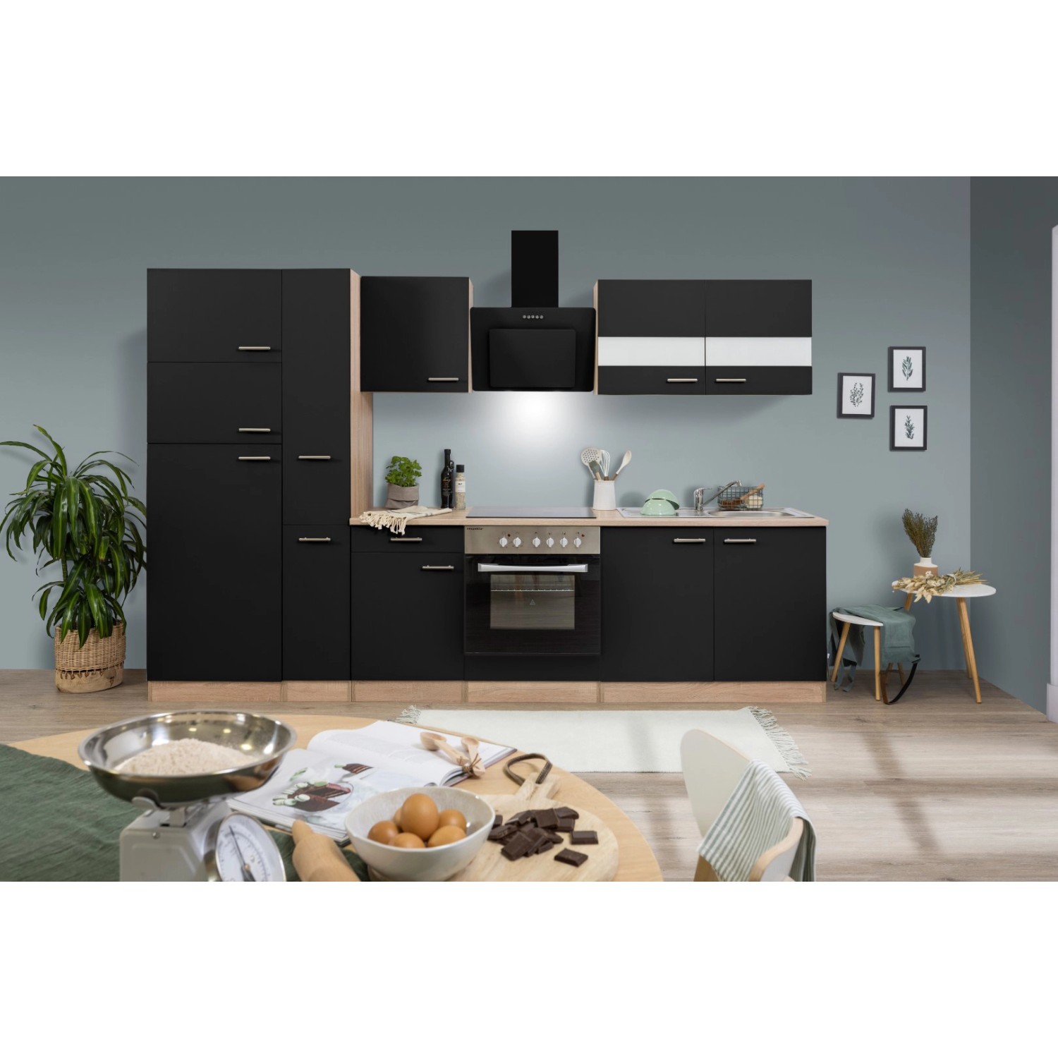 Respekta Kuchyně Merle černá/dub 300 cm-skl.deska/šikmá digestoř/lednice(2)