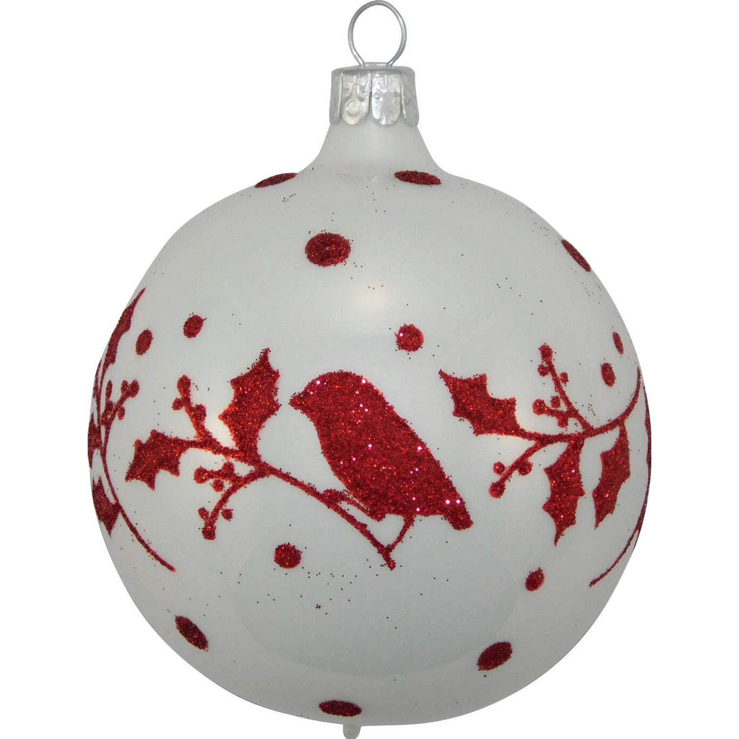 Ornex Vánoční ozdoba skleněná koule s ptáčky, bílá, 8 cm