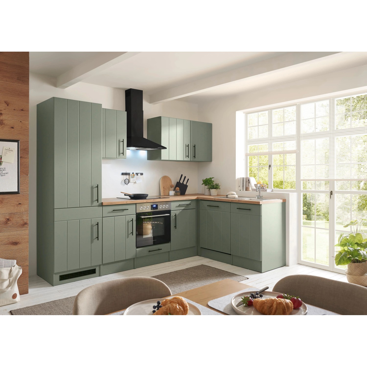 Respekta Kuchyně Anton L zelená/dub divoký 280 cm-trouba+skl.d./myčka/dig./led.