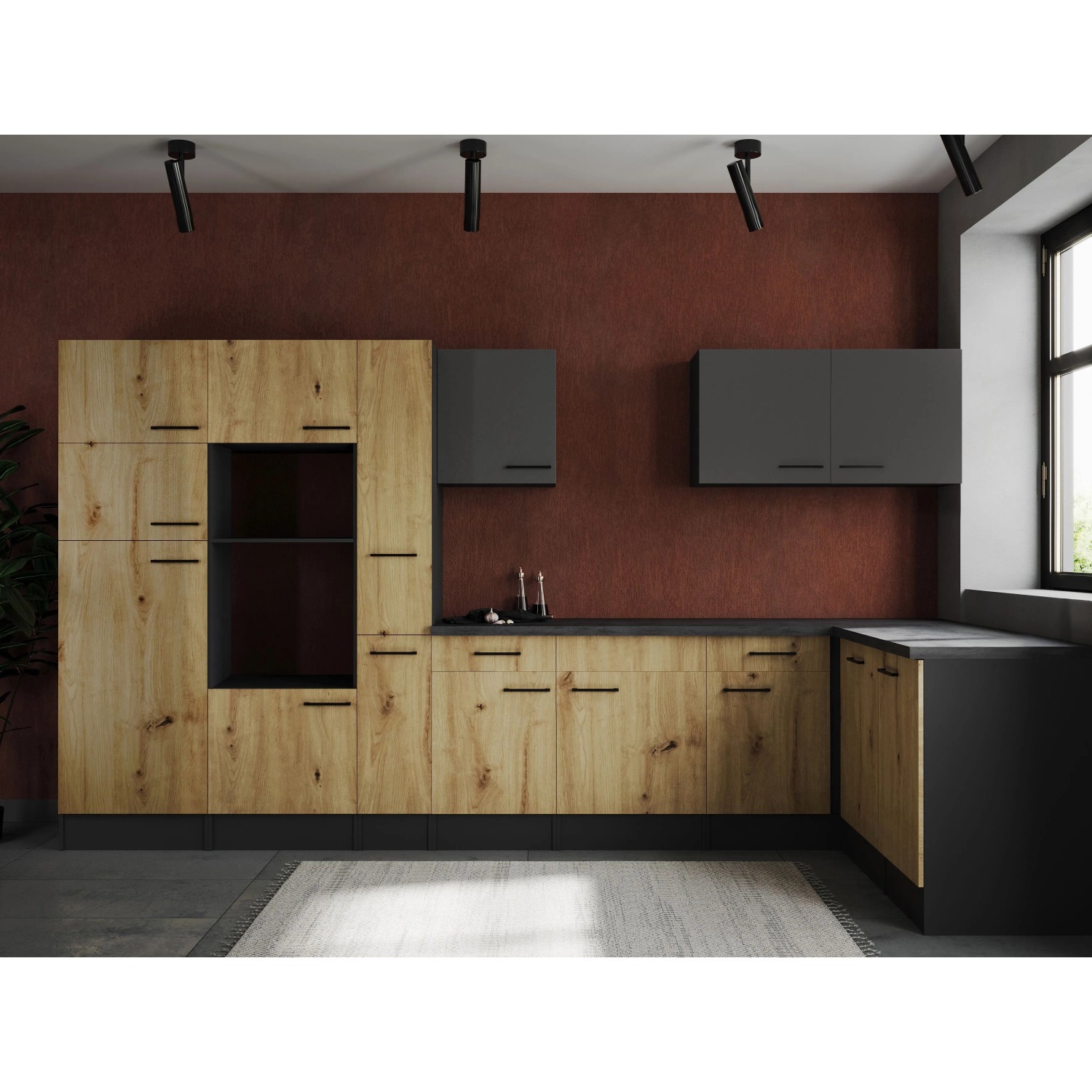 Respekta Kuchyně Oliver L dub Artisan+šedá matná/žula 370 cm - bez el. přístrojů