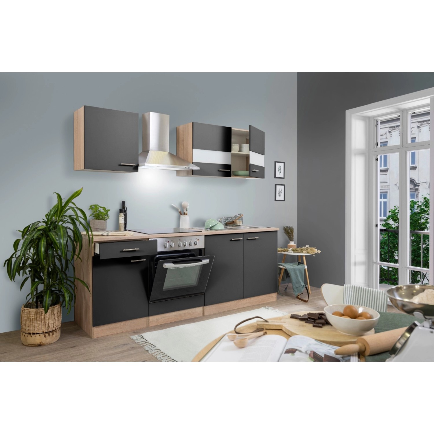 Respekta Kuchyně Merle šedá/dub 210 cm-skl.deska/komín.digestoř/myčka