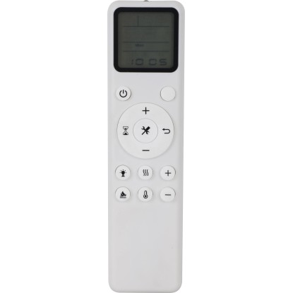 Bílý dálkový ovladač pro elektrický krb Rushmoor Heat. S displejem, tlačítky pro topení, plamen a časovač.