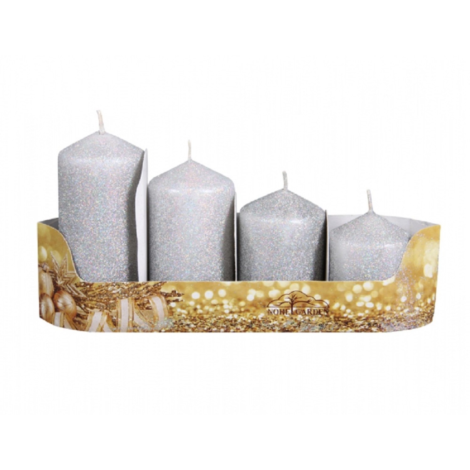 Svíčky adventní STUPŇOVITÉ glitrované stříbrná, pr. 5 x 6/7,5/9/10,5 cm, 4 ks