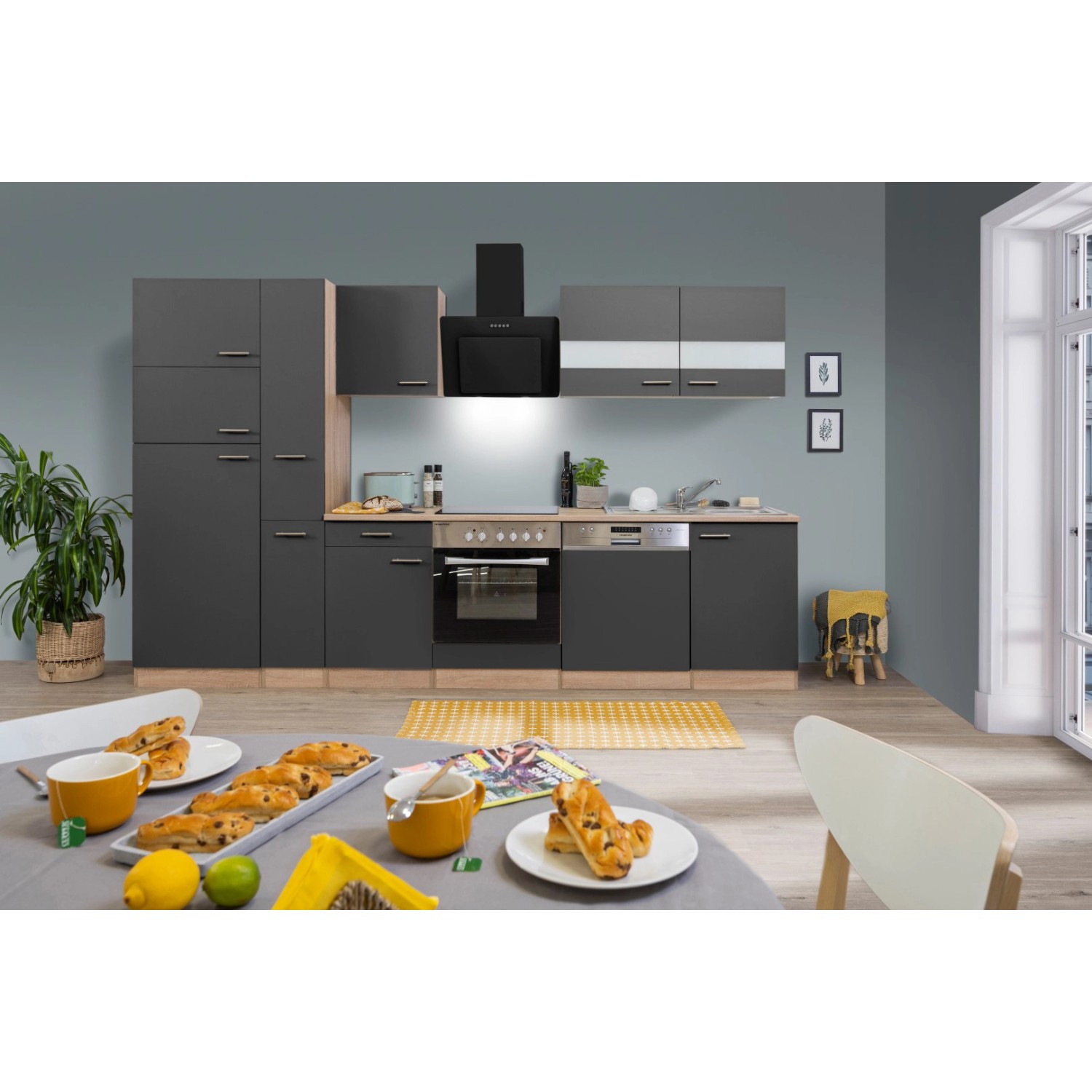 Respekta Kuchyně Merle šedá/dub 310 cm-skl.d./šikmá digestoř/myčka/lednice(2)