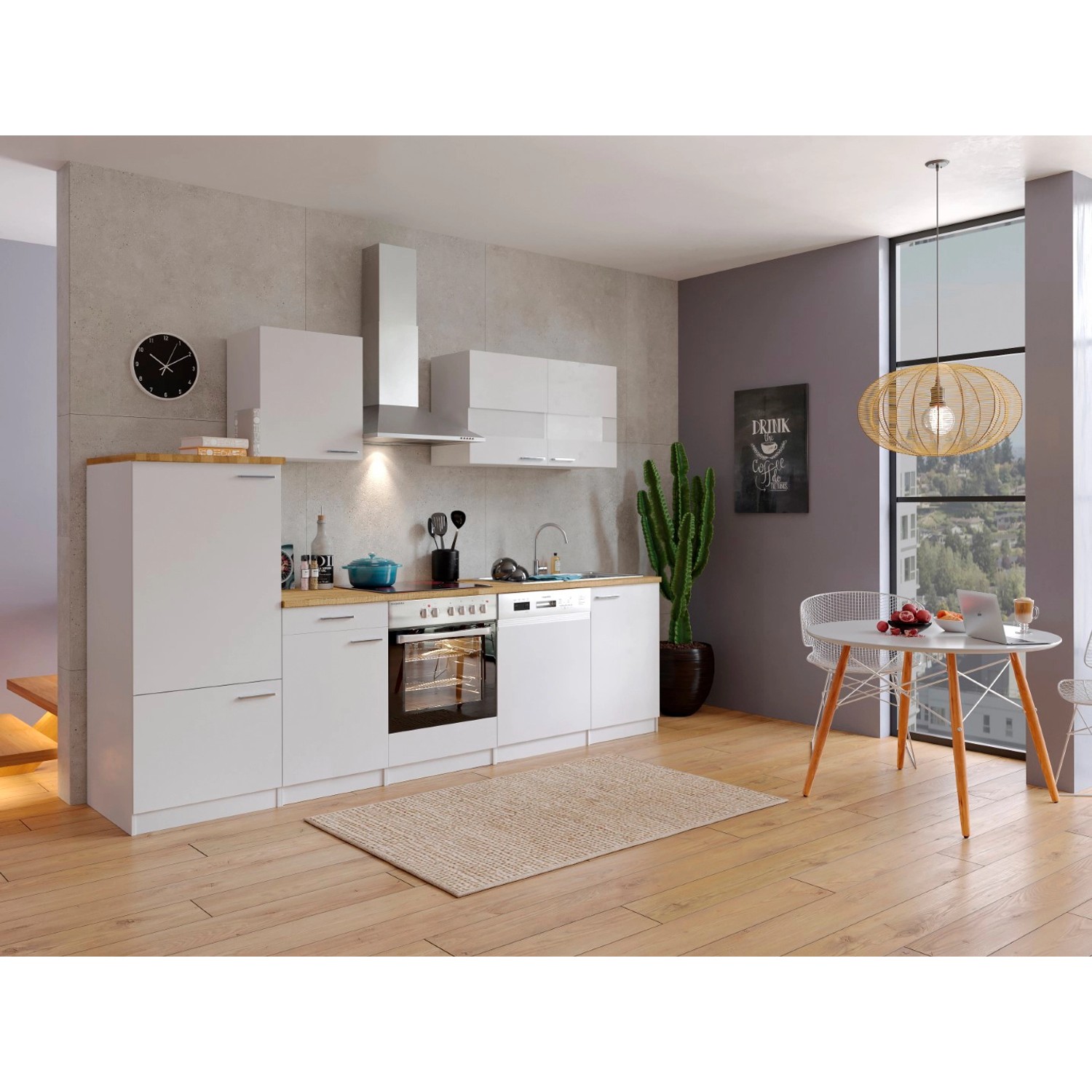 Respekta Kuchyně Malia bílá/ořech 280 cm - skloker.deska/kom.dig./lednice/myčka