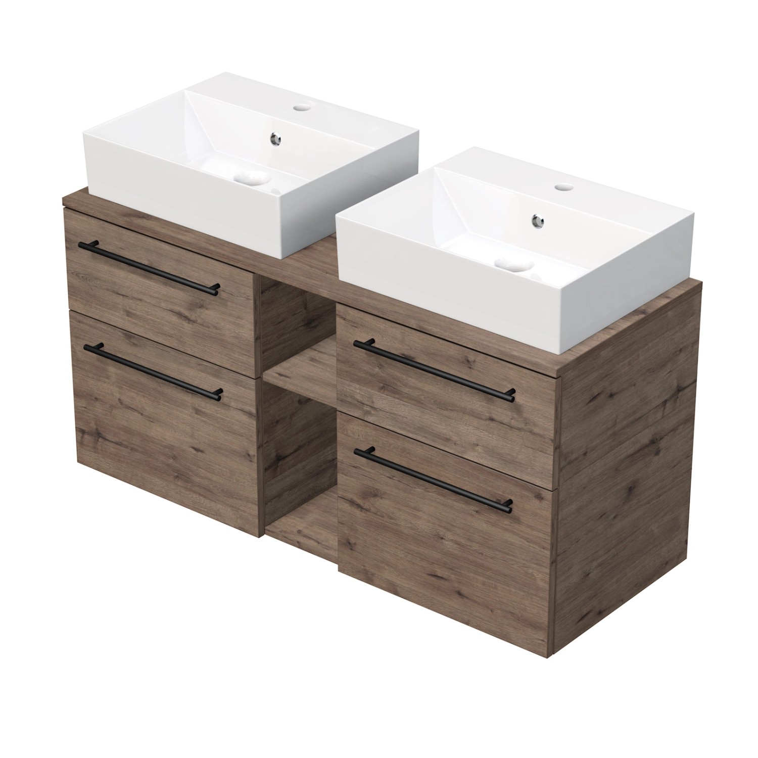 INTEDOOR Skříň+2umyvadla BEE, úchyt černý, š.120 cm, regál střed, dub Wellington