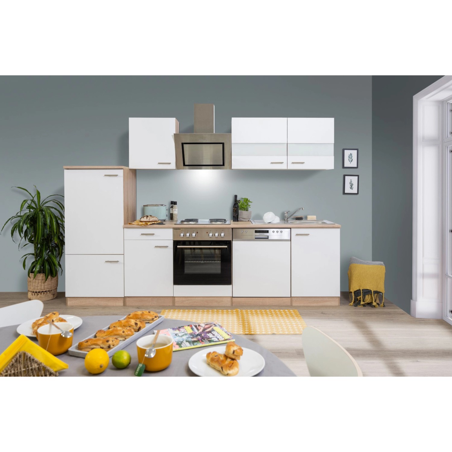 Respekta Kuchyně Merle bílá/dub 280 cm-nrz.deska/šikmá digestoř/myčka/lednice