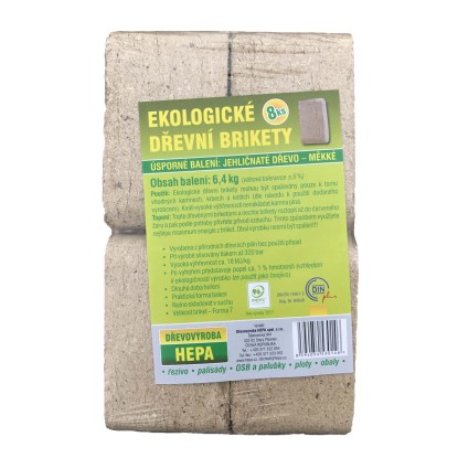 Dřevěné brikety HEPA, ekologické balení. Palivo do krbu a kamen.