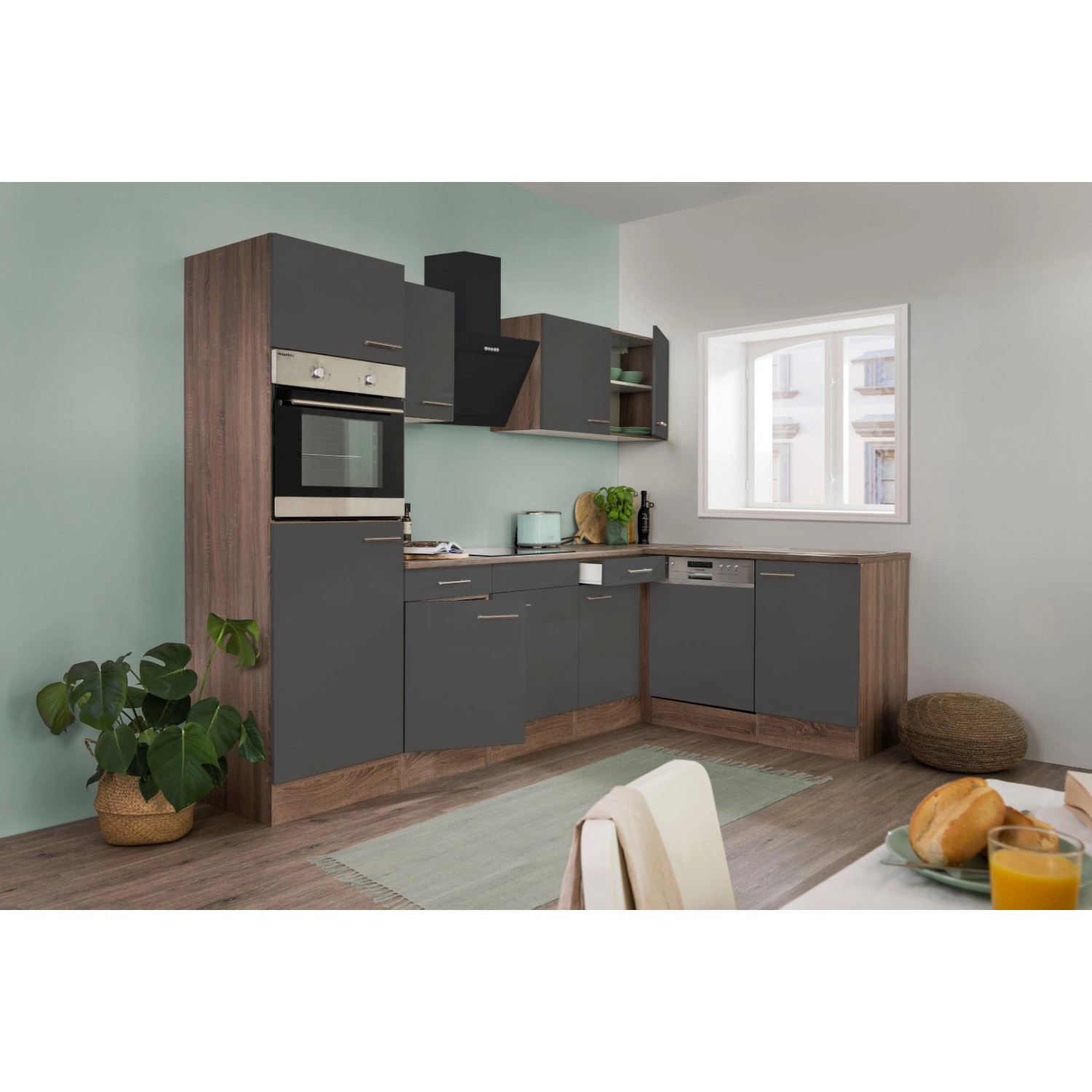 Respekta Kuchyně Oliver L šedá/dub 280 cm-trouba/skl.d.(2)/dig.(2)/myčka/lednice