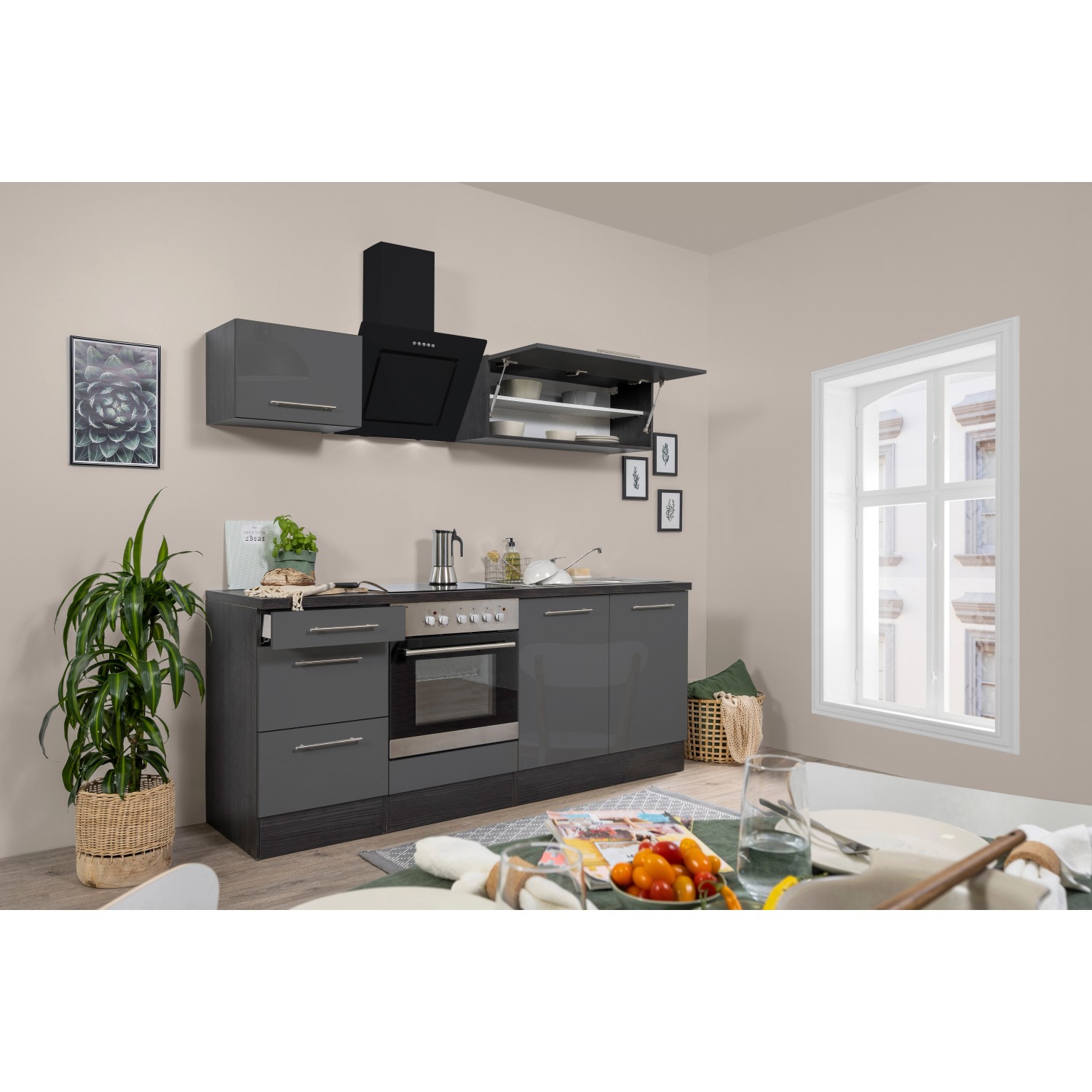 Respekta Kuchyně Amanda šedá/dub 210 cm - trouba+skloker.deska/šikmá digestoř