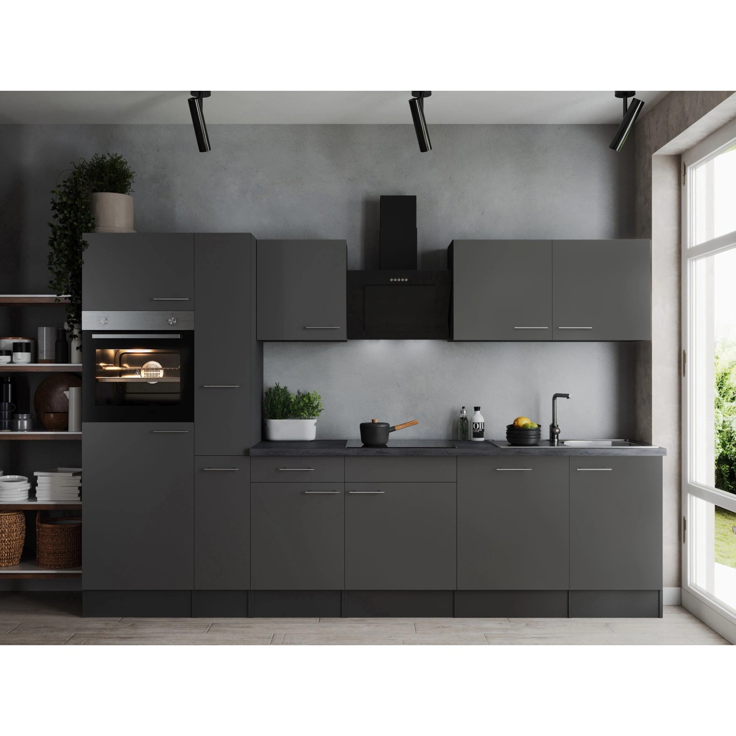 Respekta Kuchyně Oliver šedá/žula 310 cm-trouba/skl.deska/dig./myčka/led.