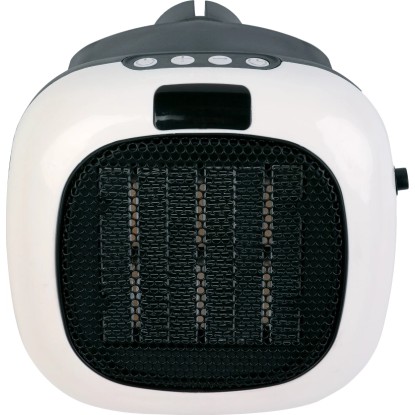 Kompaktní bílý zásuvkový ohřívač 700 W pro malé místnosti. Elektrické topidlo s časovačem a termostatem.