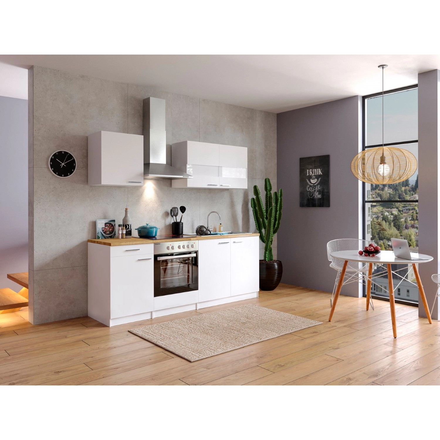 Respekta Kuchyně Malia bílá/ořech 210 cm - skloker.deska/komínová digestoř