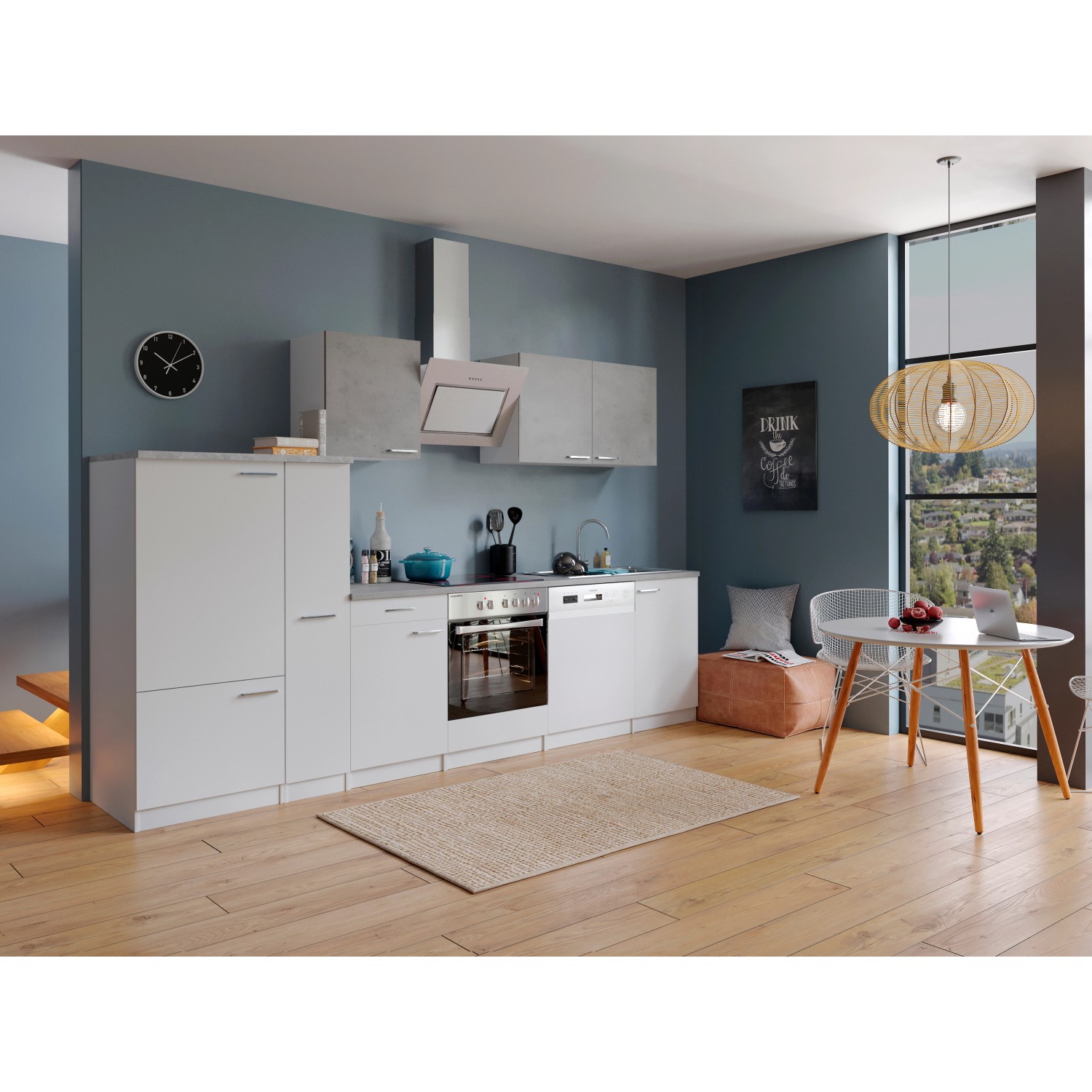 Respekta Kuchyně Malia beton/bílá 300 cm - skl.deska/šik. digestoř/myčka/lednice