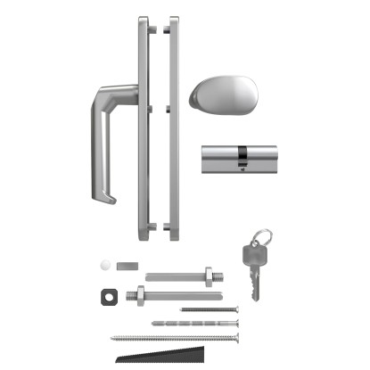 Stříbrná sada kliky 92 mm s knoflíkem, klikou, cylindrickou vložkou a montážním materiálem.