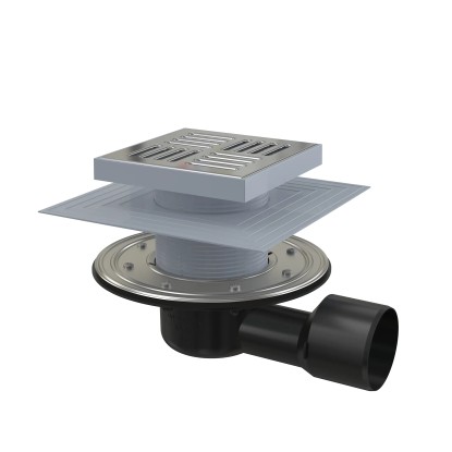 Alcadrain Podlahová vpust 150x150/50/75 mm boční, mřížka nerez