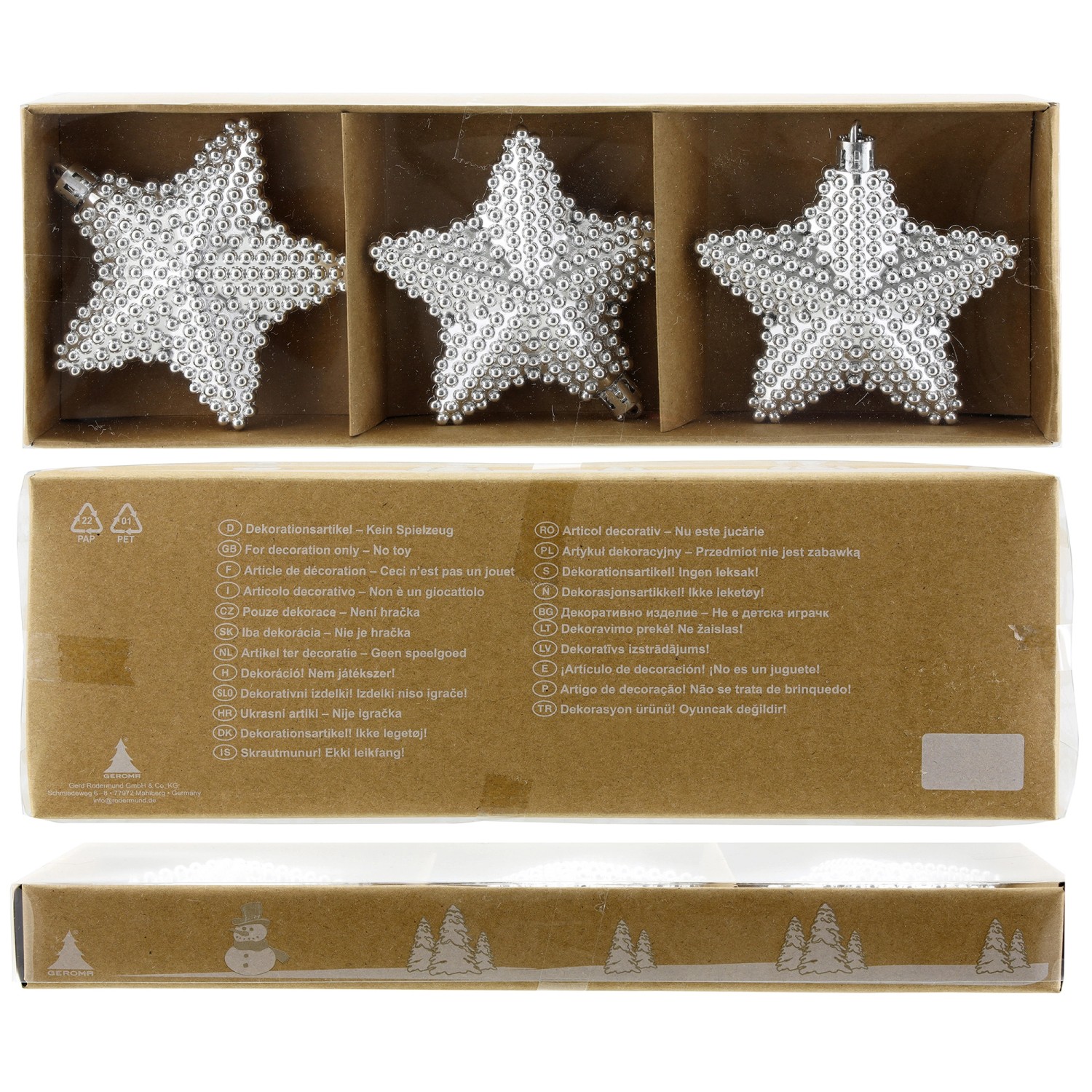 GEROMA Vánoční ozdoby hvězdy plast stříbrné pr. 8 x 3 cm, 3 ks