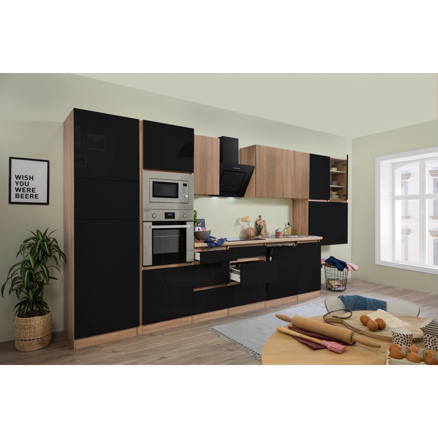 Respekta Kuchyně Lorena černá/dub 445 cm-trouba/sk.d.(2)/dig./myčka(2)/led./mik.