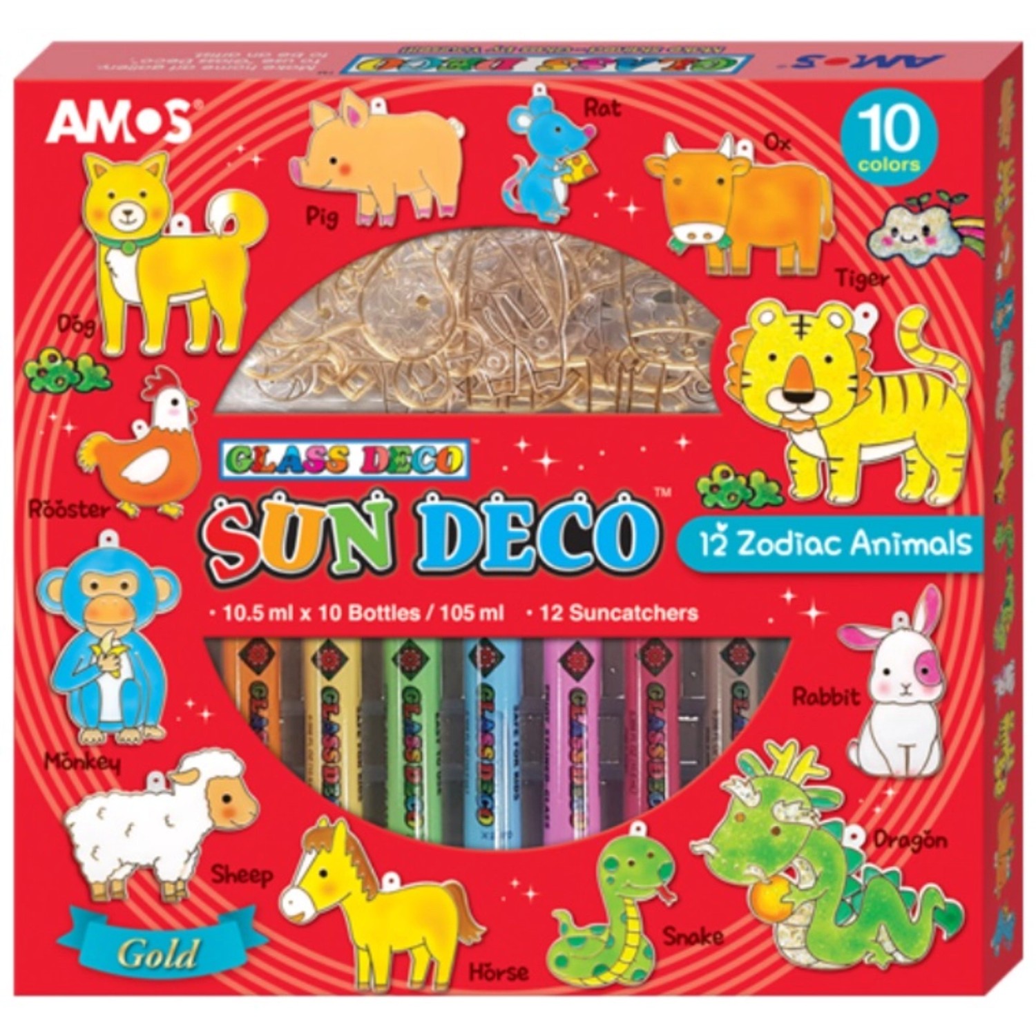 Amos Barvy na sklo sada 10 barev, 10,5 ml + 12 sklíček Zvířata