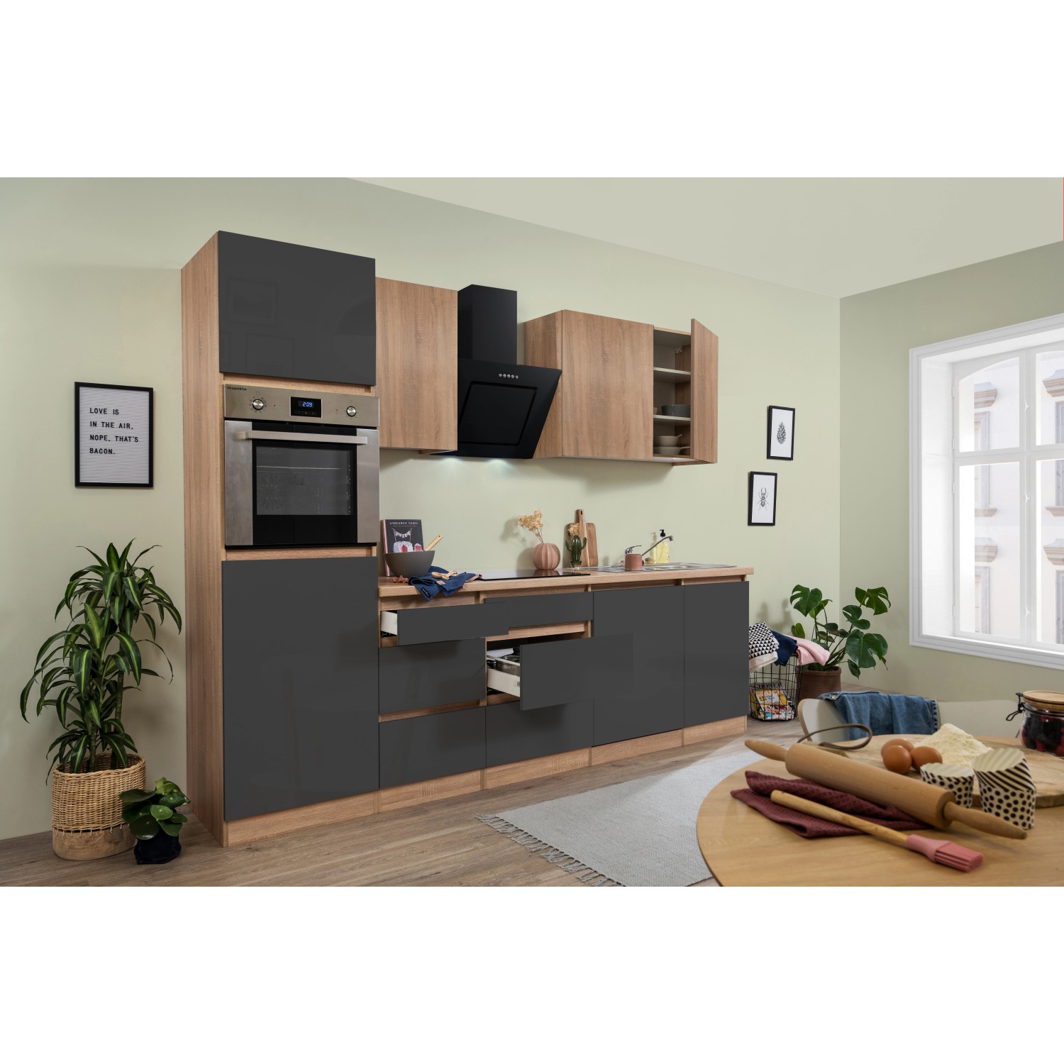 Respekta Kuchyně Lorena šedá/dub 280 cm-trouba/skl.d.(2)/dig./myčka(2)/lednice