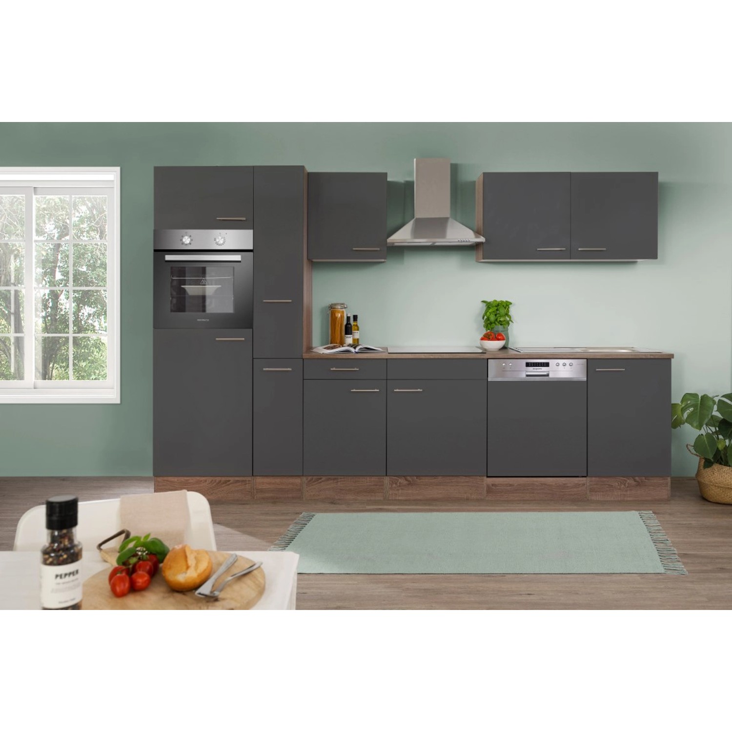 Respekta Kuchyně Oliver šedá/dub 310 cm-trouba/skl.deska/digestoř/lednice/myčka