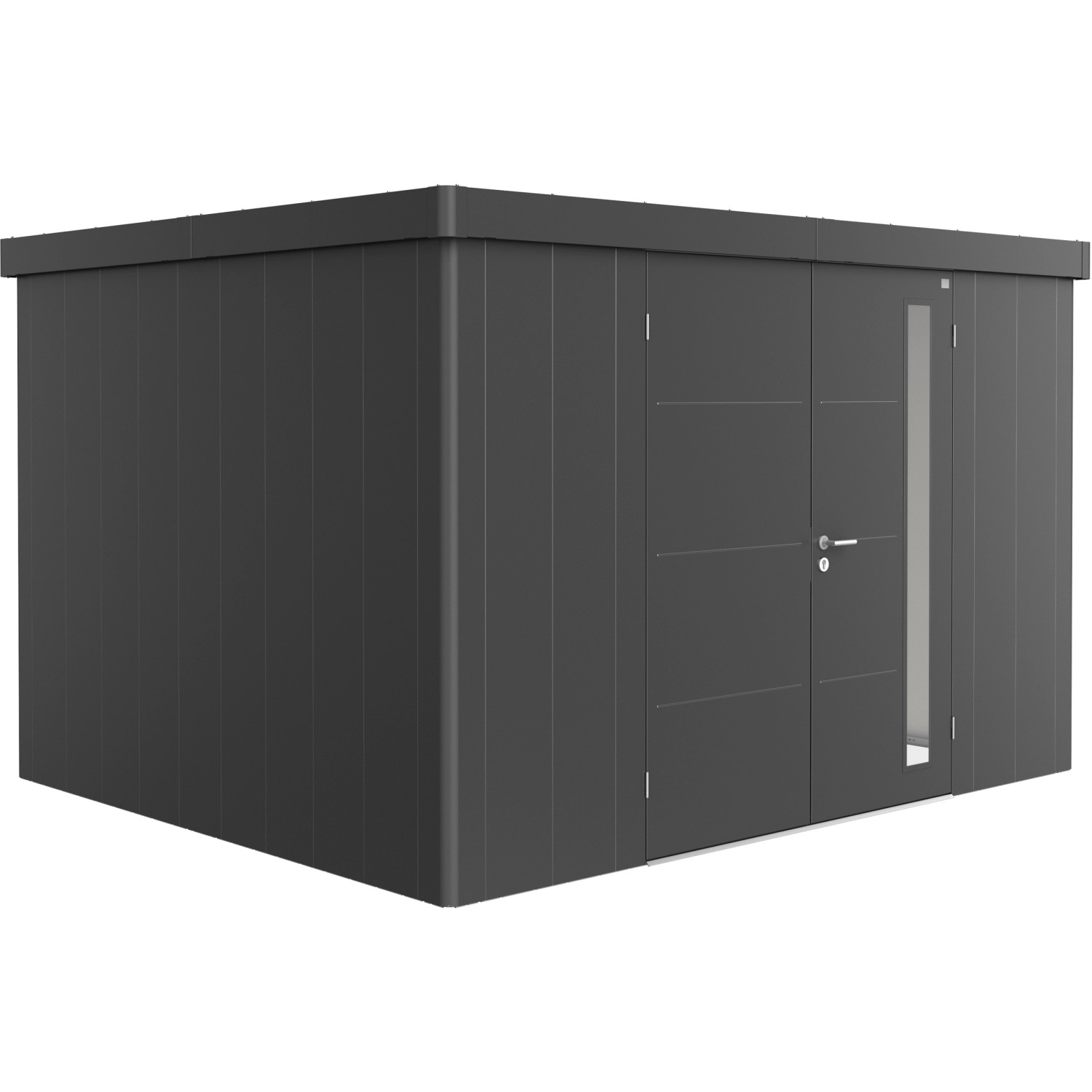 Biohort Plechový zahradní domek Neo3D dvoukřídlé dveře tm. šedá 348 x 292 cm
