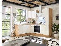 Respekta Kuchyně Marleen L bílá/dub 250 cm-trouba+skl.deska/digestoř/myčka