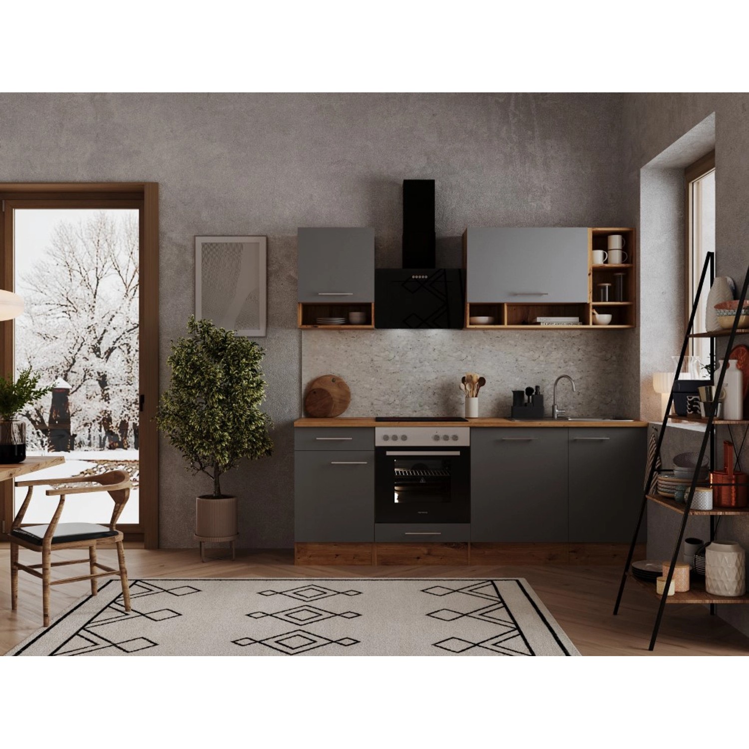 Respekta Kuchyně Hilde šedá/dub 220 cm-trouba+sklokeramická d./digestoř/myčka