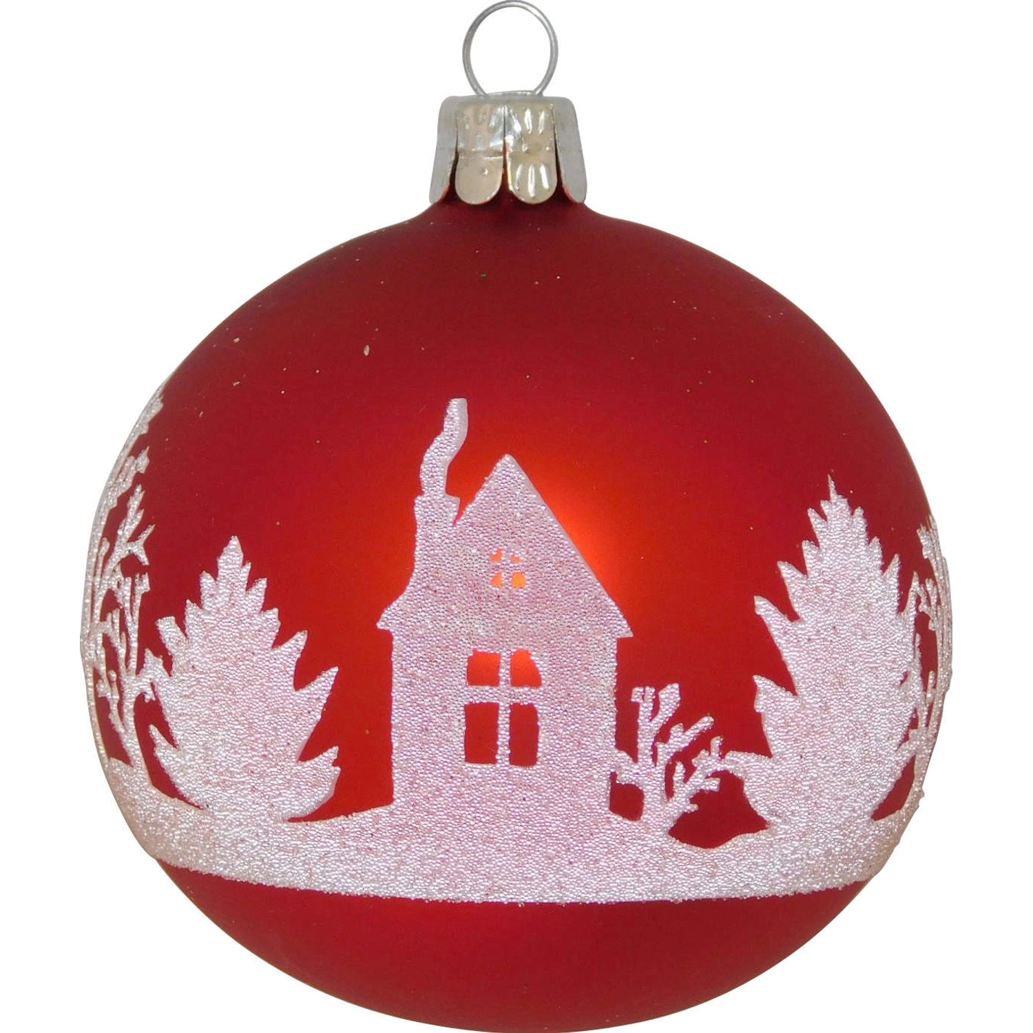 Ornex Vánoční ozdoba skleněná koule s domkem červená, 8 cm
