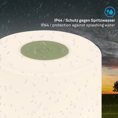 Zelená akumulátorová stolní lampa Brilo Smal s ochranou proti stříkající vodě IP44 v dešti.