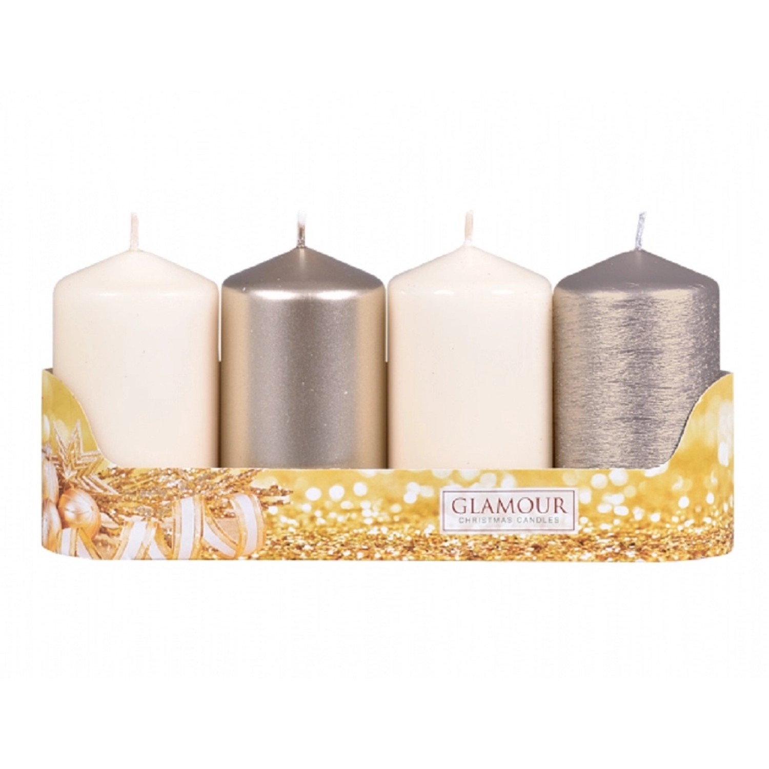 Nohel Garden Svíčka adventní VÁLEC mix povrchů šampaň/béžová, pr. 5 x 9 cm, 4 ks