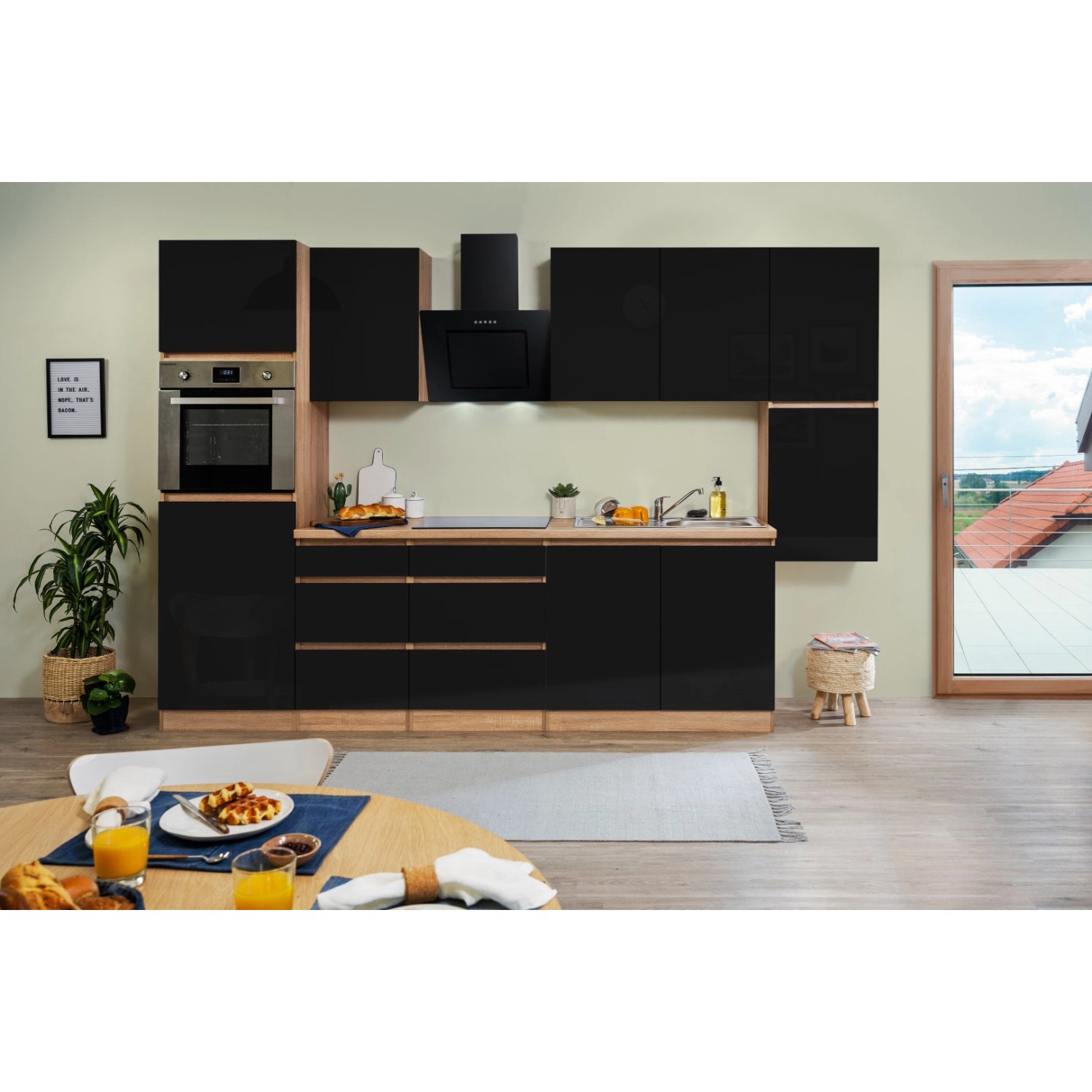 Respekta Kuchyně Lorena černá/dub 320 cm-Bez el. přístrojů