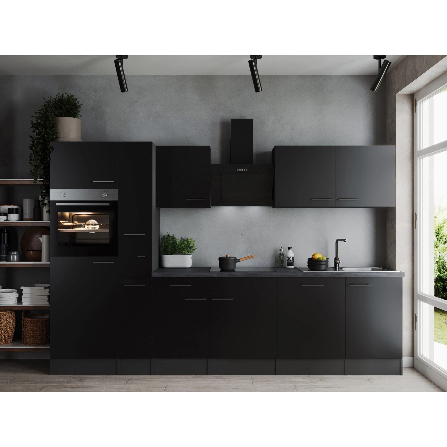 Respekta Kuchyně Oliver černá/žula 310 cm-trouba/skl.deska/dig./myčka/led.