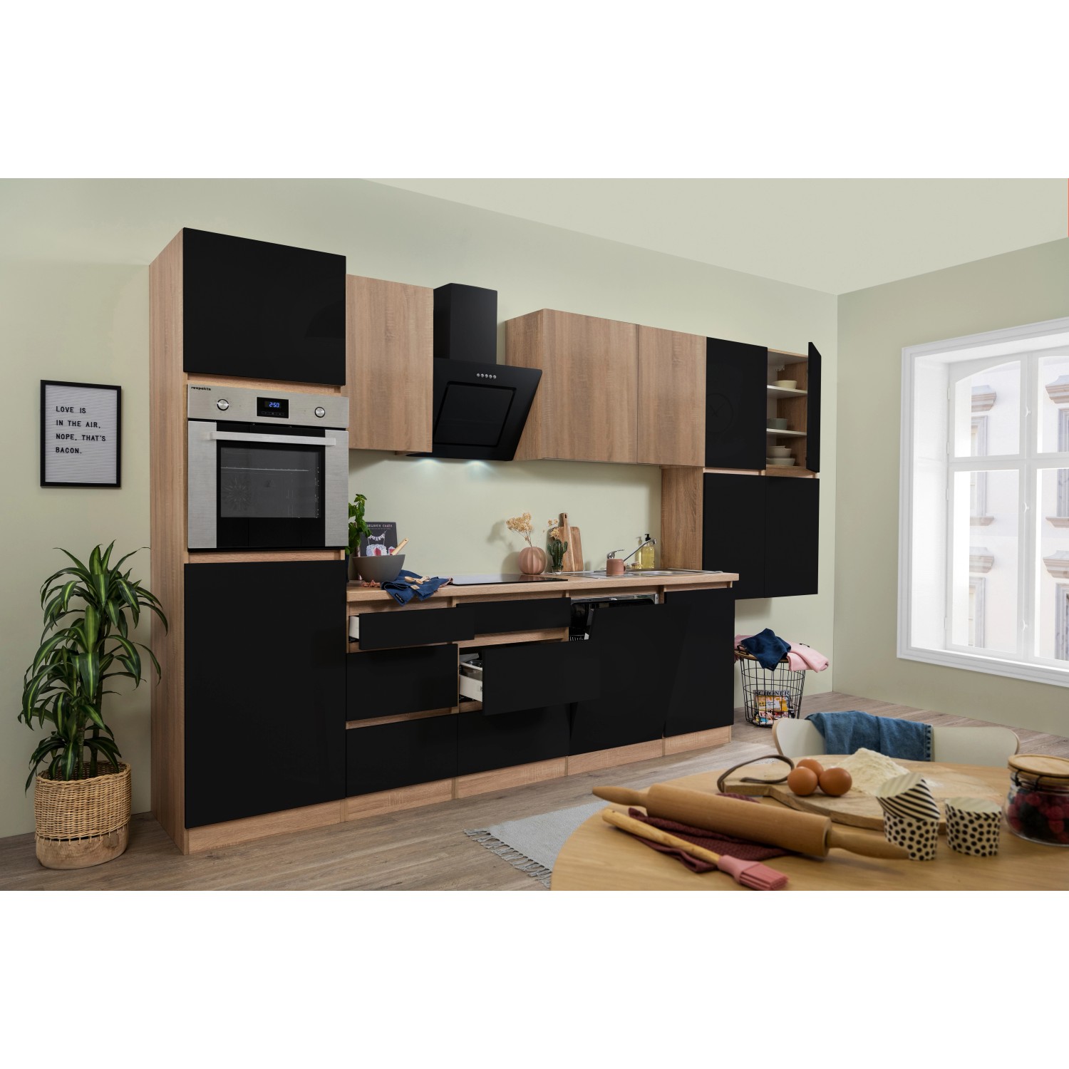Respekta Kuchyně Lorena černá/dub 380 cm-trouba/skl.d.(2)/dig./myčka(2)/lednice