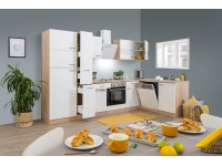 Respekta Kuchyně Merle L bílá/dub 310 cm-nrz.d./šikmá digestoř/myčka/lednice