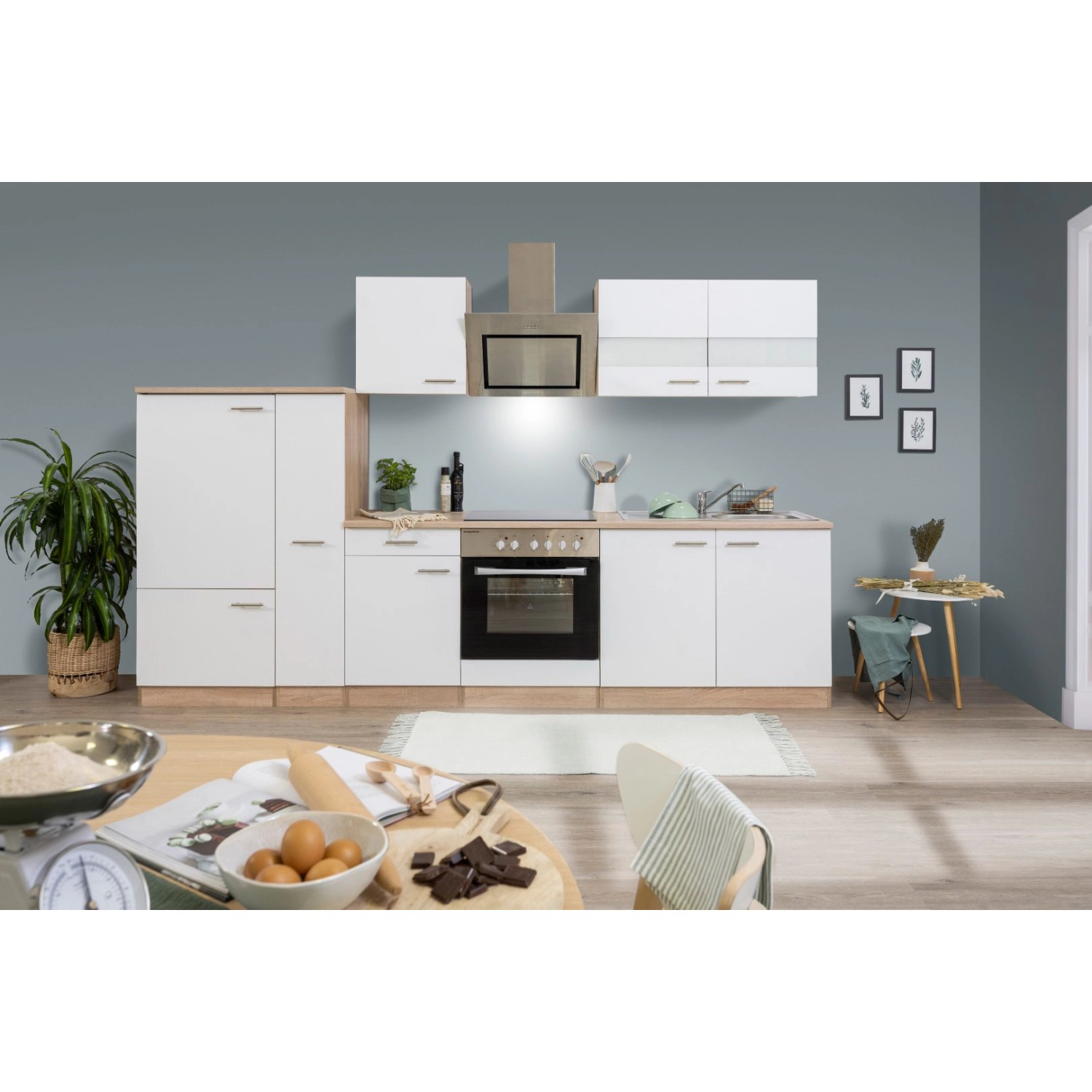 Respekta Kuchyně Merle bílá/dub 300 cm-skl.deska/šikmá digestoř/lednice(1)