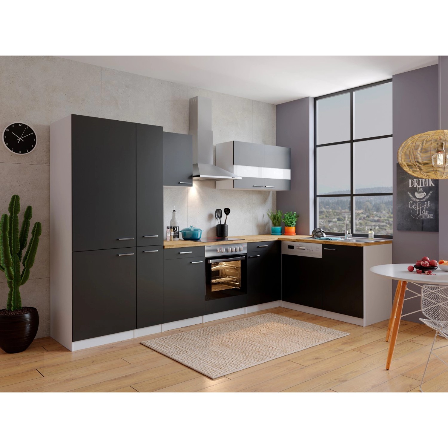 Respekta Kuchyně Malia L černá/ořech 310 cm-skl.d./kom.digestoř/myčka/lednice(2)