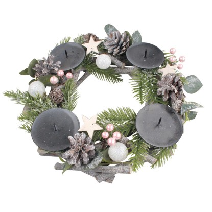 Adventní svícen, věnec s růžovými kuličkami, 30 cm