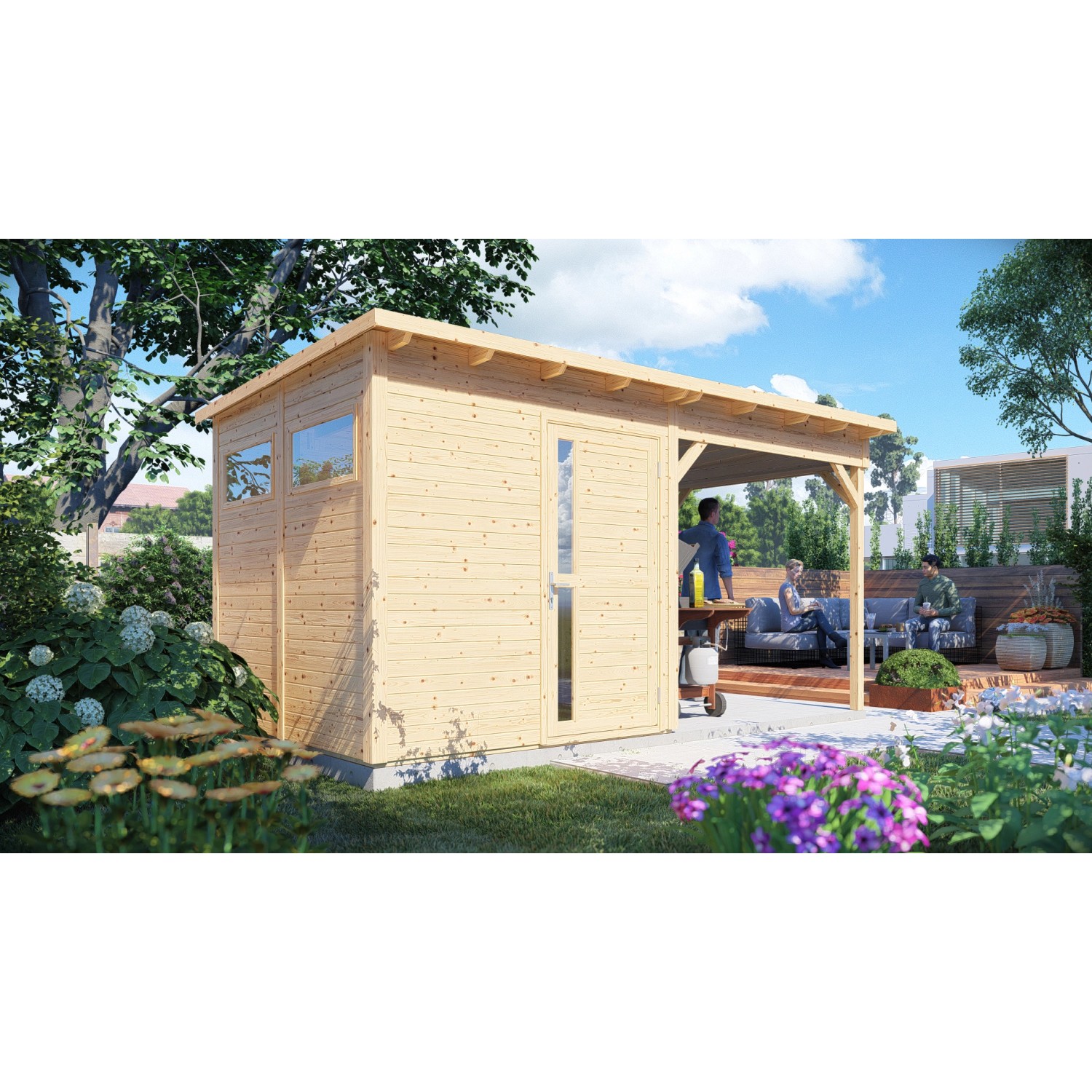 Bertilo Dřevěný domek na nářadí Pentus 2 Lounge, přírodní, 449 x 234 cm