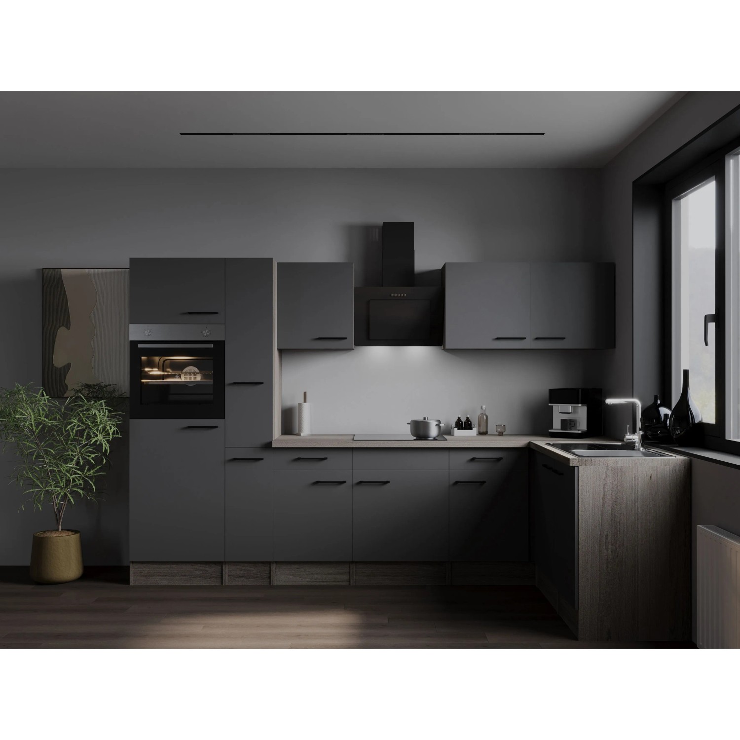 Respekta Kuchyně Oliver L šedá m./dub 310 cm-trouba/skl.deska/dig./myčka/led.