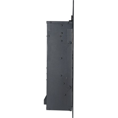 Boční pohled na černý elektrický krb Rushmoor Heat. Tenký, moderní design pro montáž na stěnu.