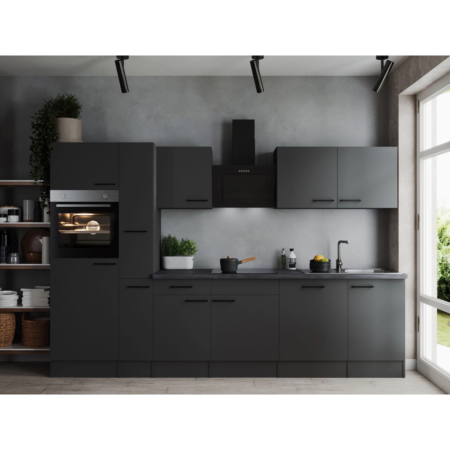 Respekta Kuchyně Oliver šedá m./žula 310 cm-trouba/skl.deska/dig./myčka/led.