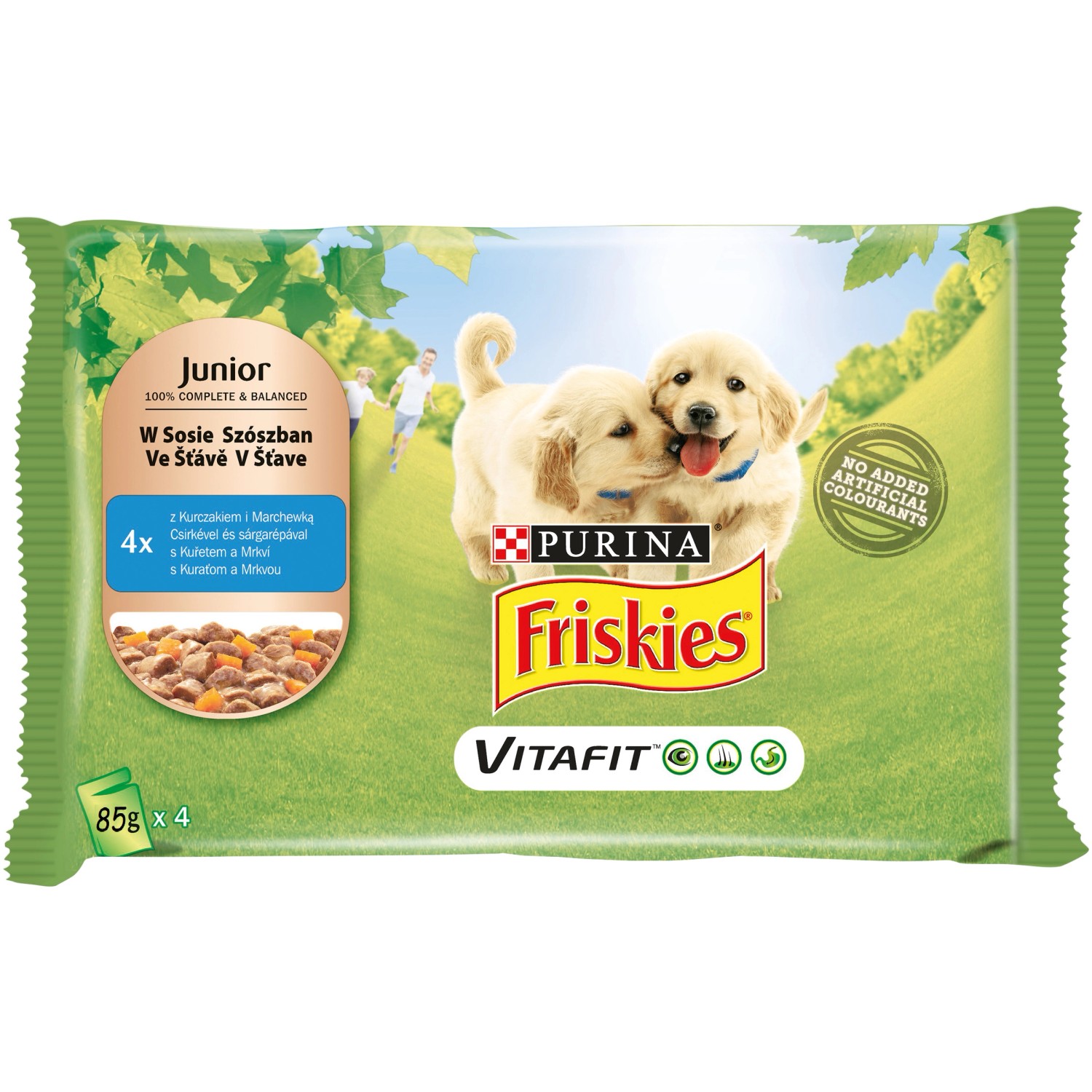 Purina Konzerva pro psy Friskies Junior s kuřetem a mrkví ve šťávě 4 x 85 g